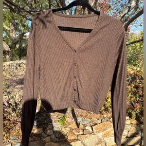 Brown Ribbed Knit Cropped Cardigan Sweater